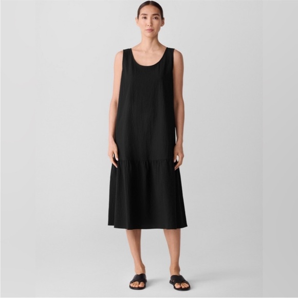 EILEEN Fisher Black Organic Cotton Seersucker Pucker Tiered Dress, Size Small - Picture 5 of 15